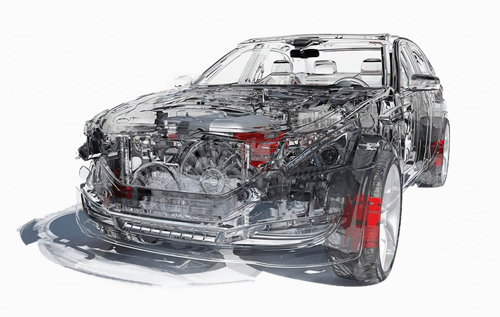 car in see-through mode to show auto parts